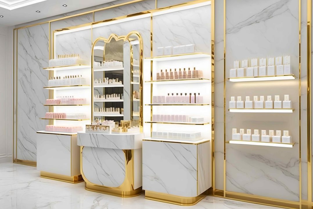 An elegant and luxurious beauty cosmetic shop with a spotless white marble counter and stunning gold steel shelves holding high-quality personal care products. generative ai
